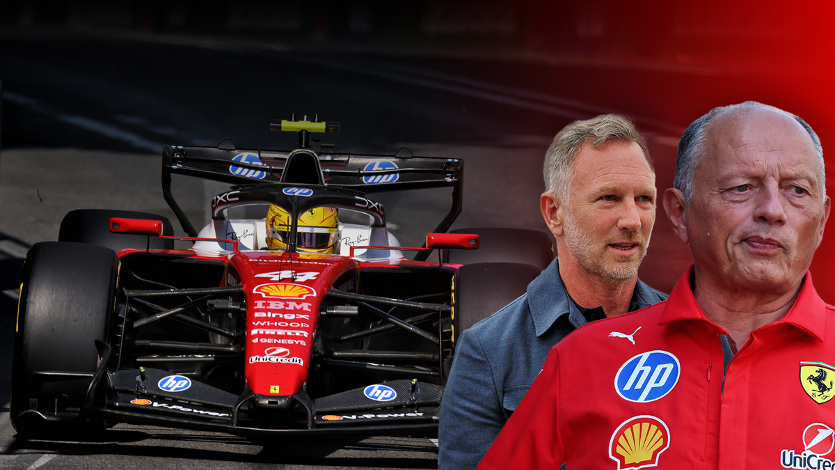 Christian Horner junto a Frédéric Vasseur y un monoplaza de Ferrari en la Fórmula 1