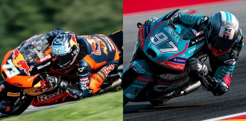 Valentín Perrone y Marco Morelli en plena competencia sobre sus motocicletas de Moto3.